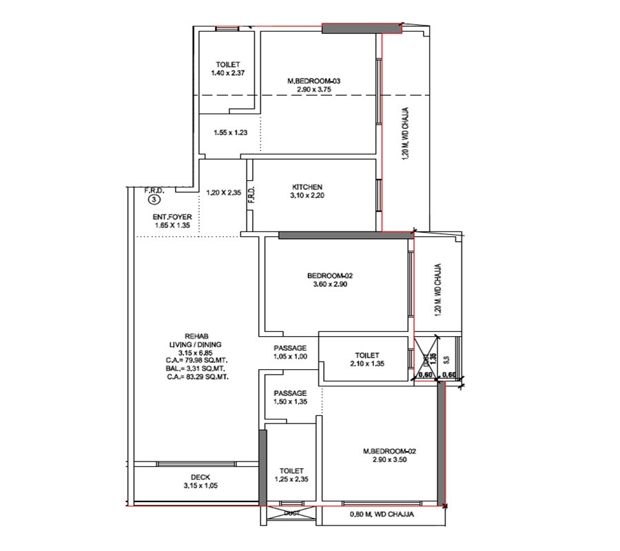 Floor plan of 3 BHK 947 Sq. Ft. Apartment in Avhad Homestead, Mumbai