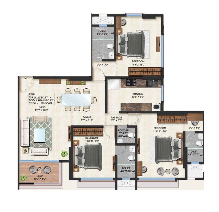 Floor plan of 3 BHK 1280 Sq. Ft. Apartment in Avion Chandralok CHS, Mumbai