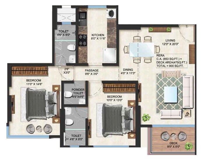 Floor plan of 2 BHK 900 Sq. Ft. Apartment in Avion Chandralok CHS, Mumbai