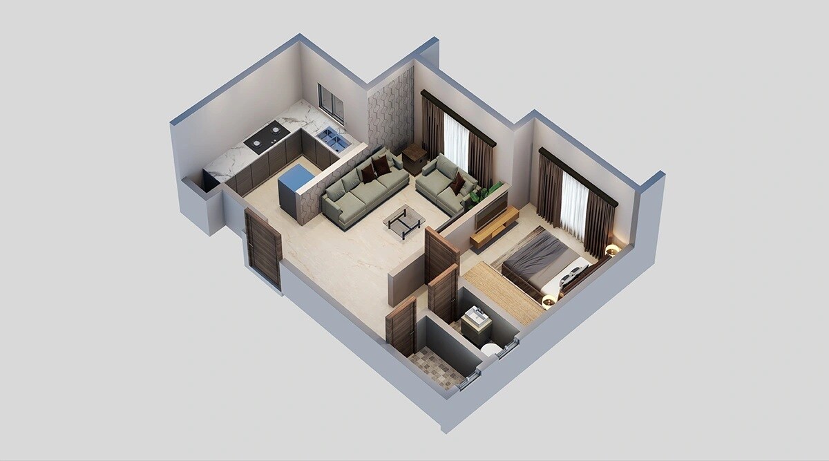 Floor plan of 1 BHK 368 Sq. Ft. Apartment in Avira Sai Shreeji CHS, Mumbai