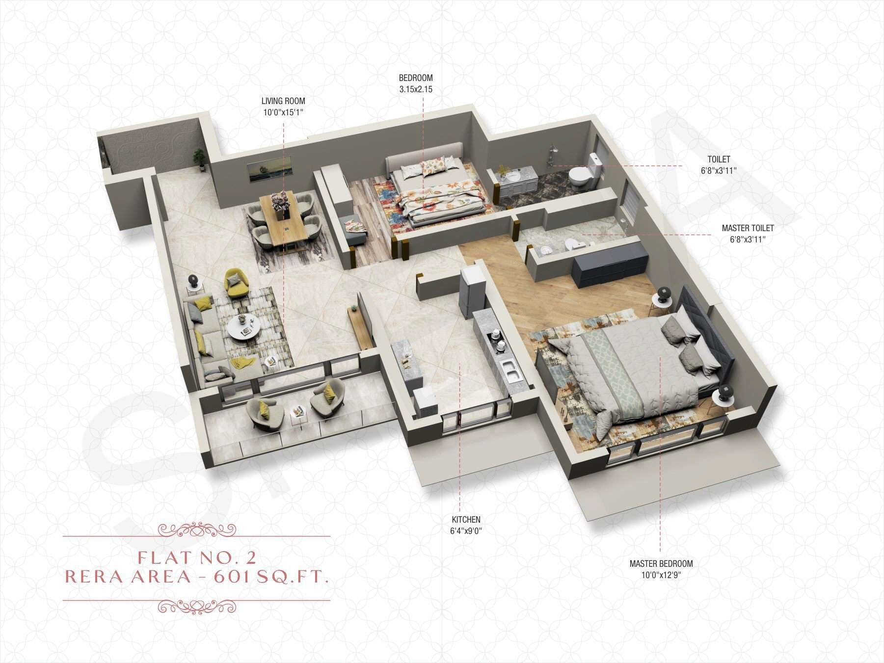 Floor plan of 2 BHK 601 Sq. Ft. Apartment in Avirahi Homes, Mumbai