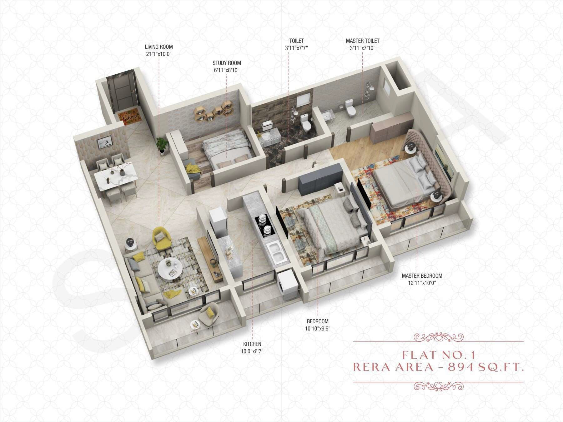 Floor plan of 2 BHK 894 Sq. Ft. Apartment in Avirahi Homes, Mumbai