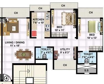 Floor plan of 2 BHK 1150 Sq. Ft. Apartment in AVN Silver Park, Mumbai