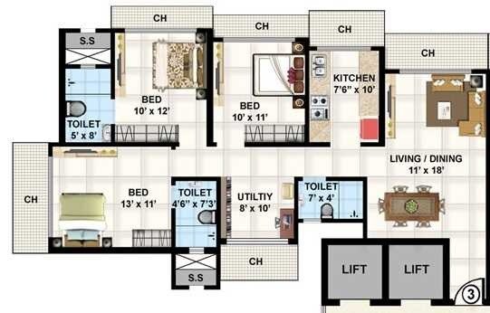 Floor plan of 3 BHK 1550 Sq. Ft. Apartment in AVN Silver Park, Mumbai