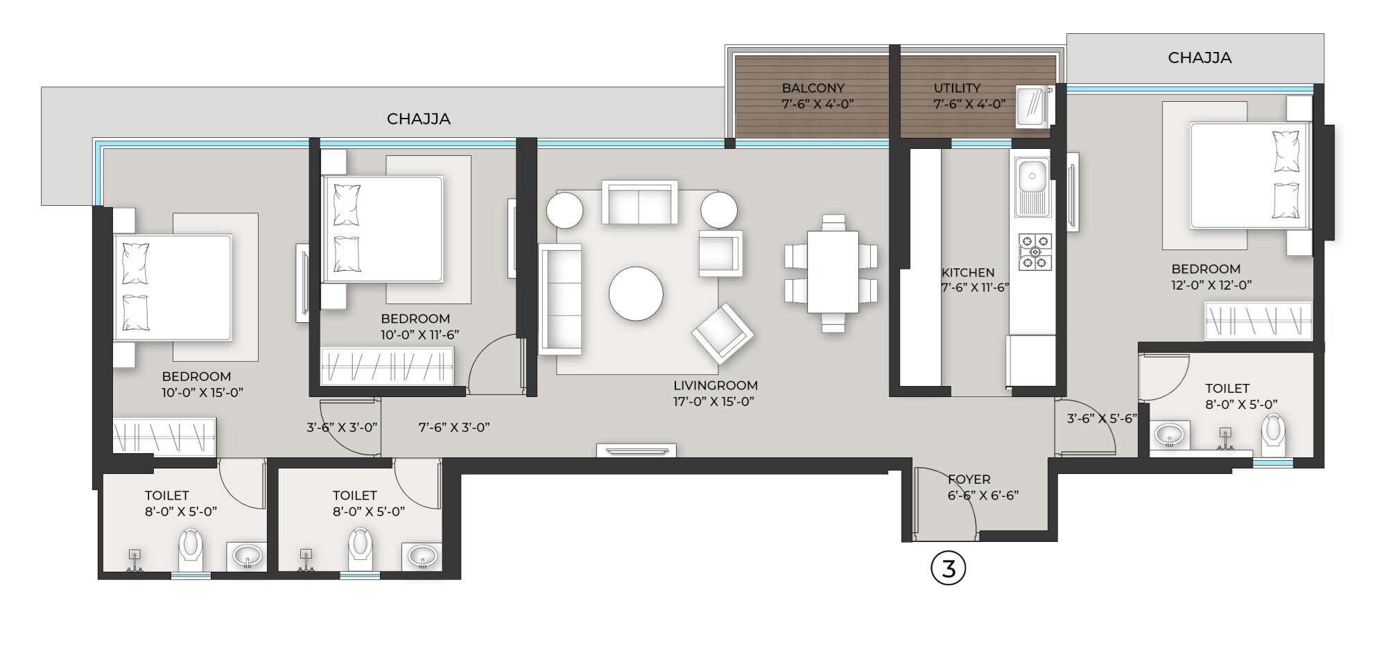 Floor plan of 3 BHK 1032 Sq. Ft. Apartment in AVS Rudraksh Towers, Mumbai