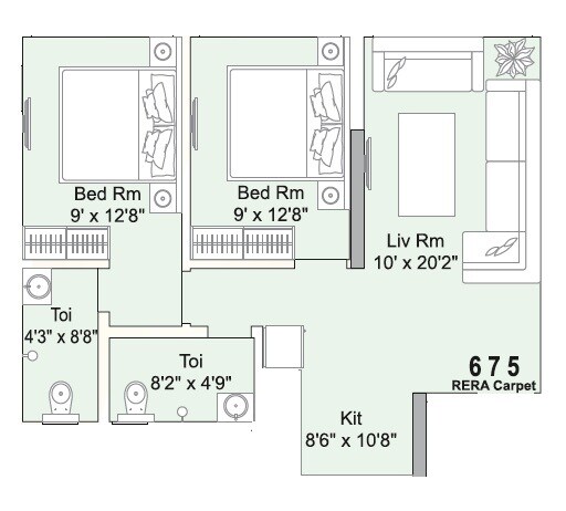 2 BHK 675 Sq. Ft. Apartment