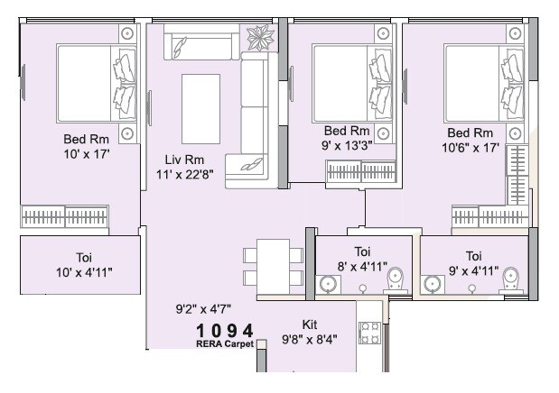 Floor plan of 3 BHK 1094 Sq. Ft. Apartment in Avvad Shubham Artesia, Mumbai
