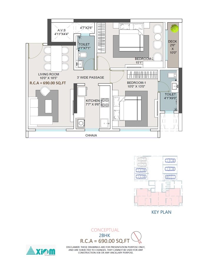 Floor plan of 2 BHK 690 Sq. Ft. Apartment in Axiom Vriksh, Mumbai