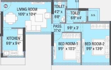 Floor plan of 2 BHK 563 Sq. Ft. Apartment in Ayodhya Saffron, Mumbai