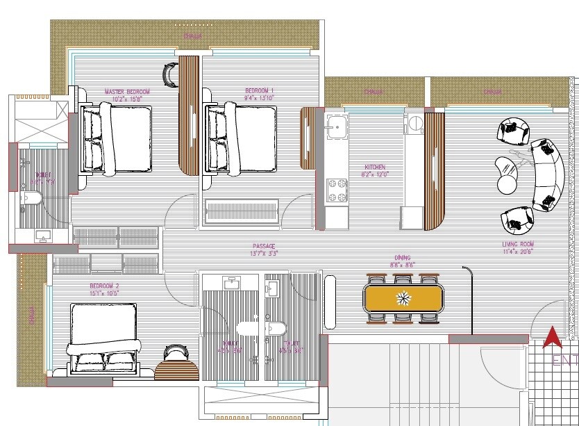 Floor plan of 3 BHK 1150 Sq. Ft. Apartment in B Chopda Aurus, Mumbai