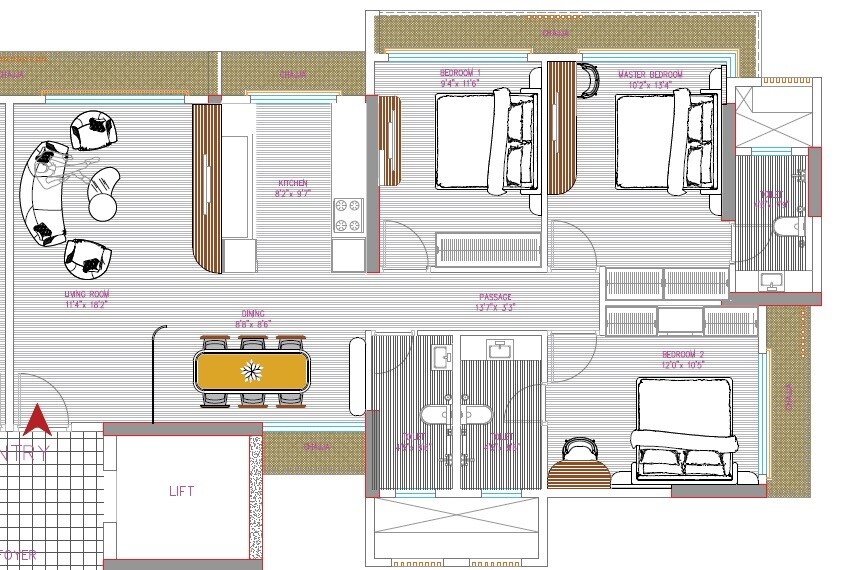 Floor plan of 3 BHK 918 Sq. Ft. Apartment in B Chopda Aurus, Mumbai
