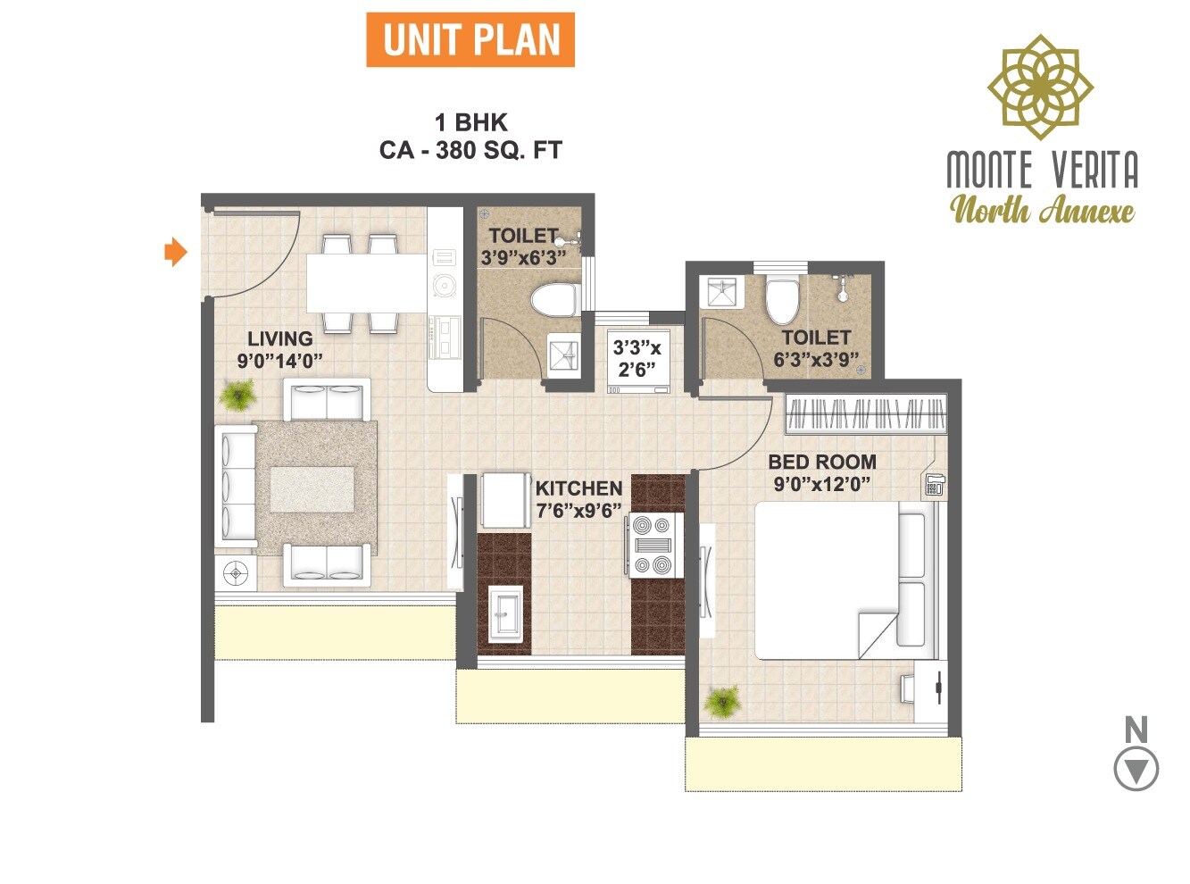 Floor plan of 1 BHK 380 Sq. Ft. Apartment in B G Shirke Monte Verita North Annexe, Mumbai