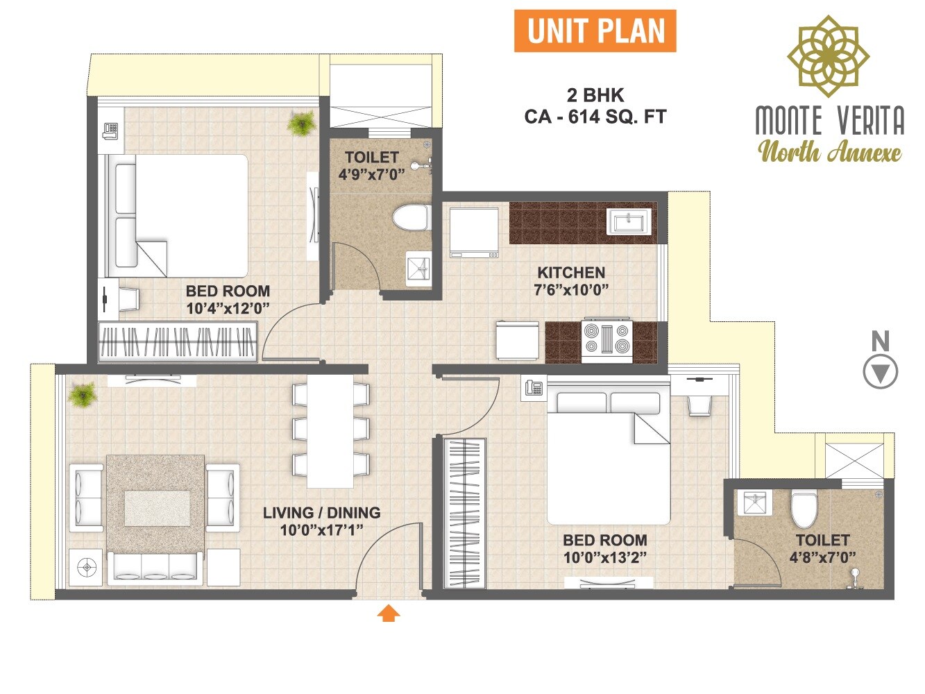 Floor plan of 2 BHK 614 Sq. Ft. Apartment in B G Shirke Monte Verita North Annexe, Mumbai