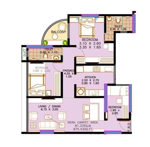 Floor plan of 2 BHK 875 Sq. Ft. Apartment in Bafna Horizon, Mumbai