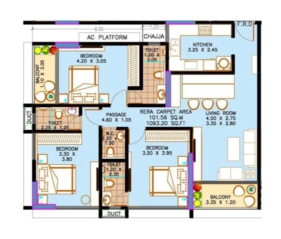Floor plan of 3 BHK 1093 Sq. Ft. Apartment in Bafna Horizon, Mumbai