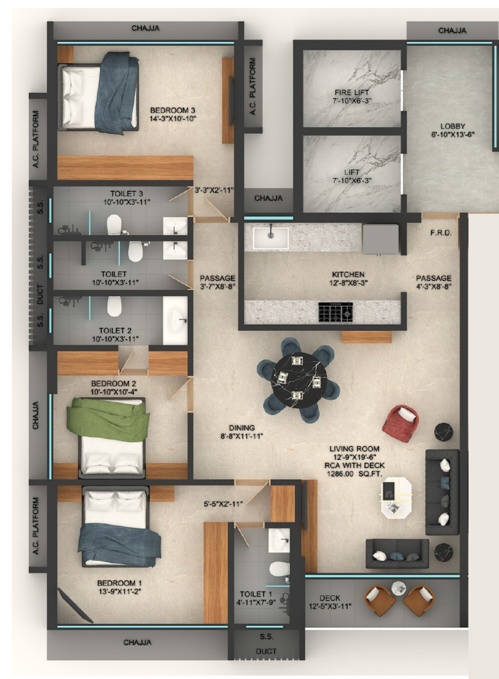 3 BHK 1286 Sq. Ft. Apartment