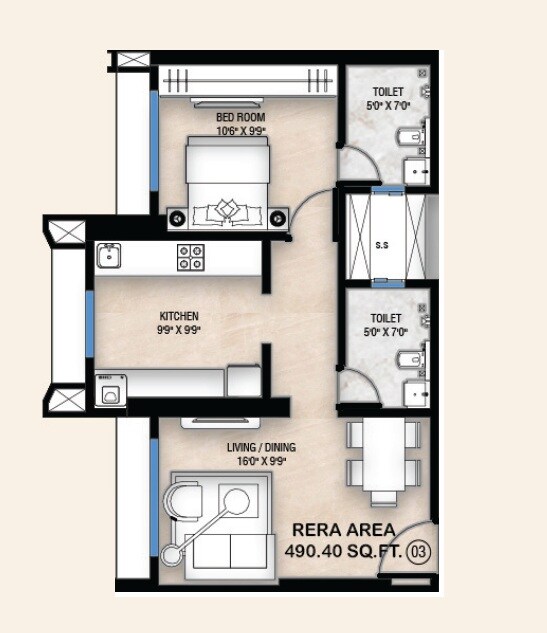 1 BHK 490 Sq. Ft. Apartment