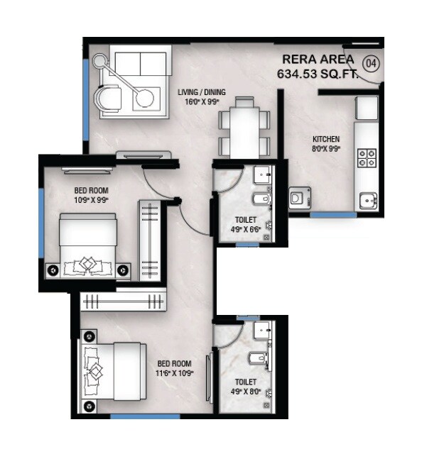 2 BHK 634 Sq. Ft. Apartment