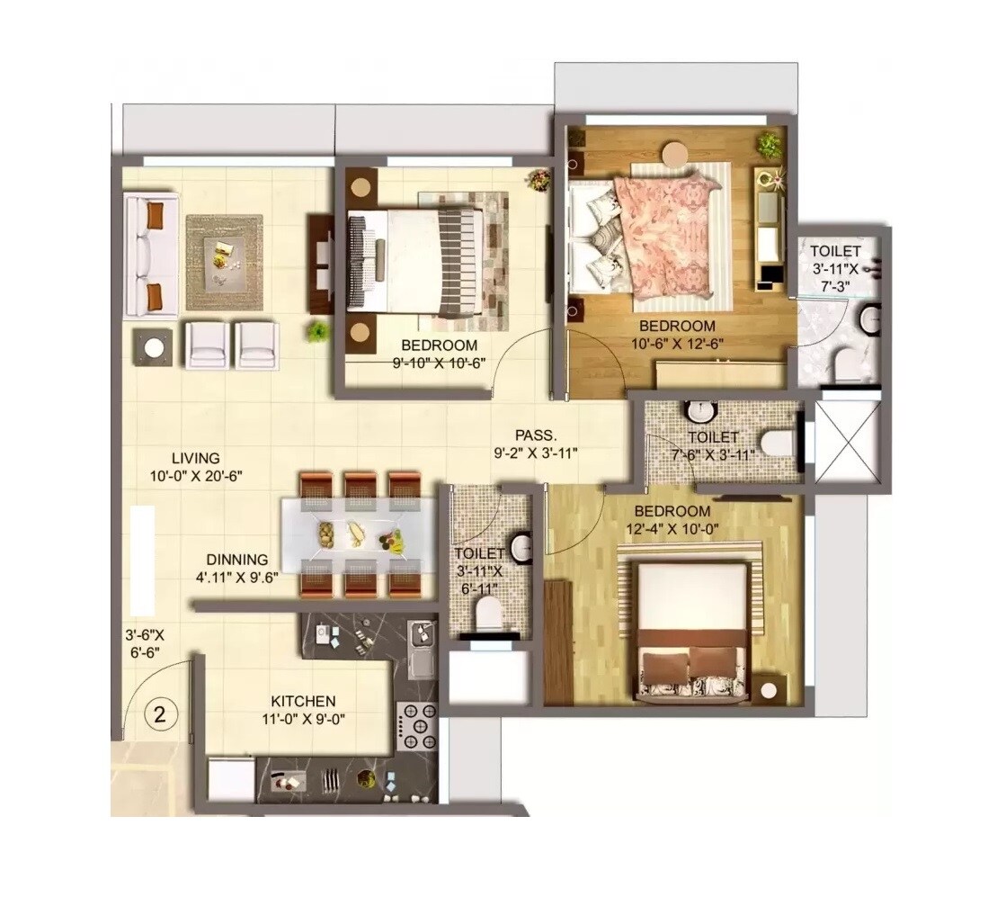 Floor plan of 3 BHK 910 Sq. Ft. Apartment in Bajaj Emerald, Mumbai