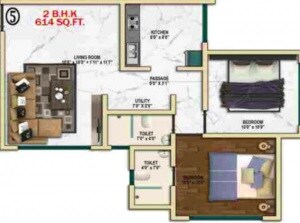 Floor plan of 2 BHK 614 Sq. Ft. Apartment in Bajaj Shubhada, Mumbai