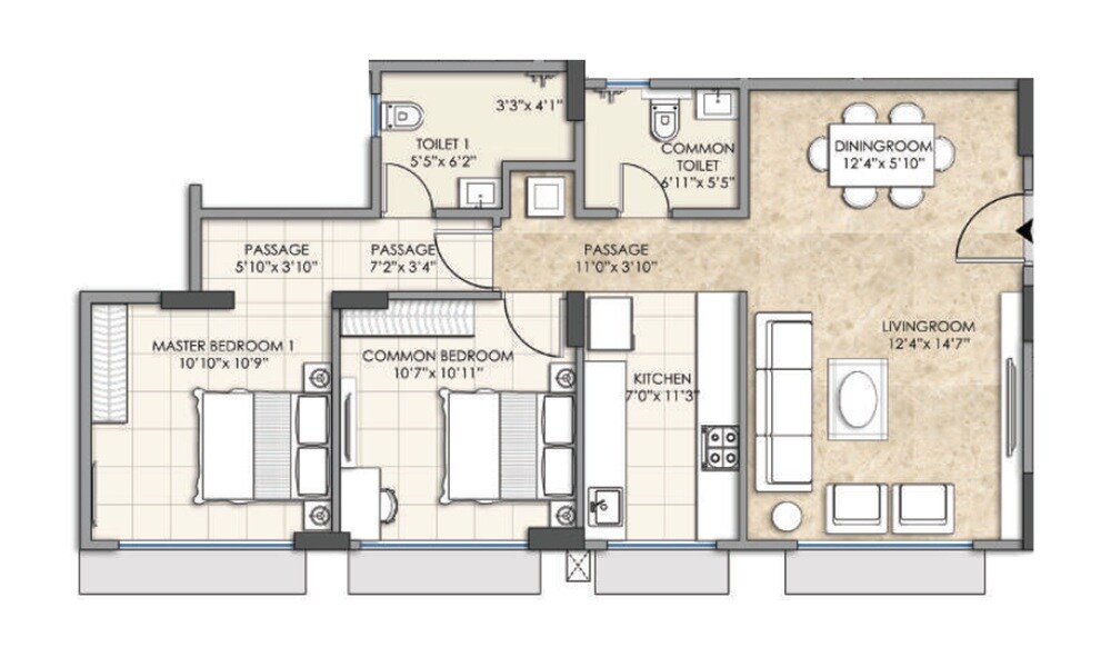 Floor plan of 2 BHK Apartment - 614 sq. ft. in Bajaj Shubhada, Mumbai