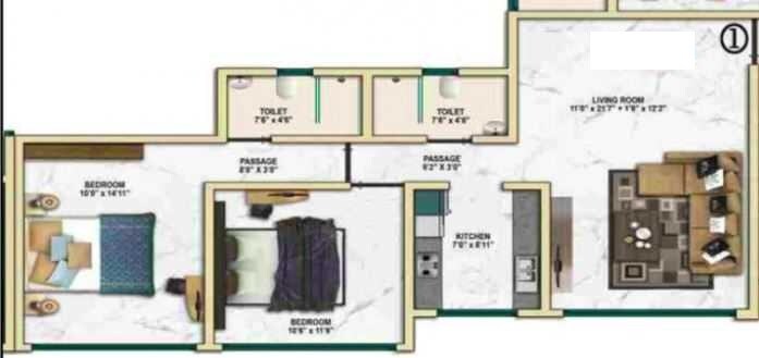 Floor plan of 2 BHK 717 Sq. Ft. Apartment in Bajaj Shubhada, Mumbai