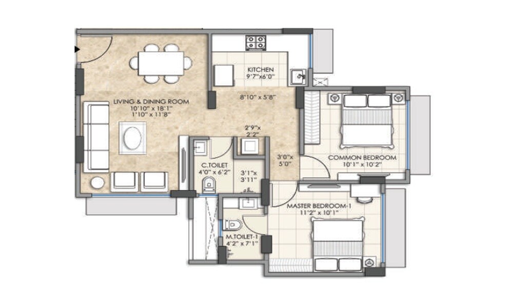 Floor plan of 2 BHK Apartment - 717 sq. ft. in Bajaj Shubhada, Mumbai