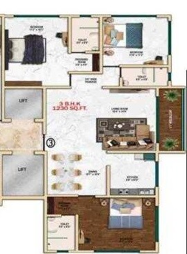 Floor plan of 3 BHK 1230 Sq. Ft. Apartment in Bajaj Shubhada, Mumbai