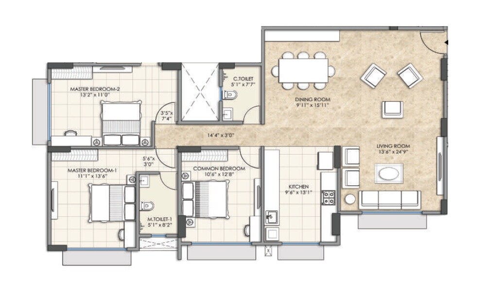 Floor plan of 3 BHK Apartment - 1230 sq. ft. in Bajaj Shubhada, Mumbai
