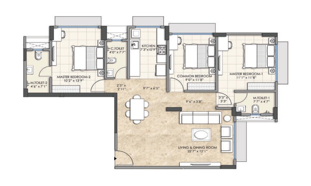 Floor plan of 3 BHK Apartment - 928 sq. ft. in Bajaj Shubhada, Mumbai