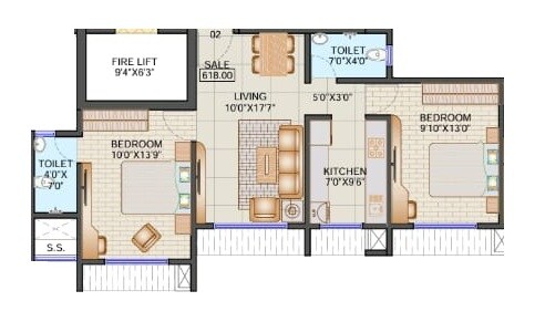 Floor plan of 2 BHK 618 Sq. Ft. Apartment in Balajee Jalkirti CHS, Mumbai