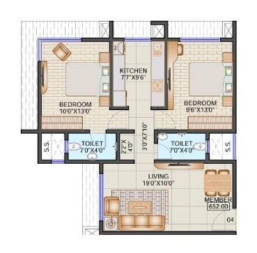 2 BHK 653 Sq. Ft. Apartment