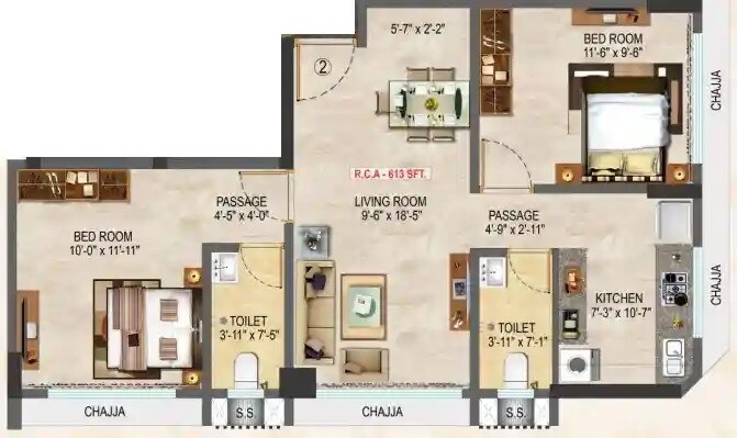 2 BHK 613 Sq. Ft. Apartment