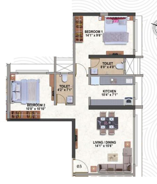 Floor plan of 2 BHK 708 Sq. Ft. Apartment in Balaji Heights Borivali, Mumbai