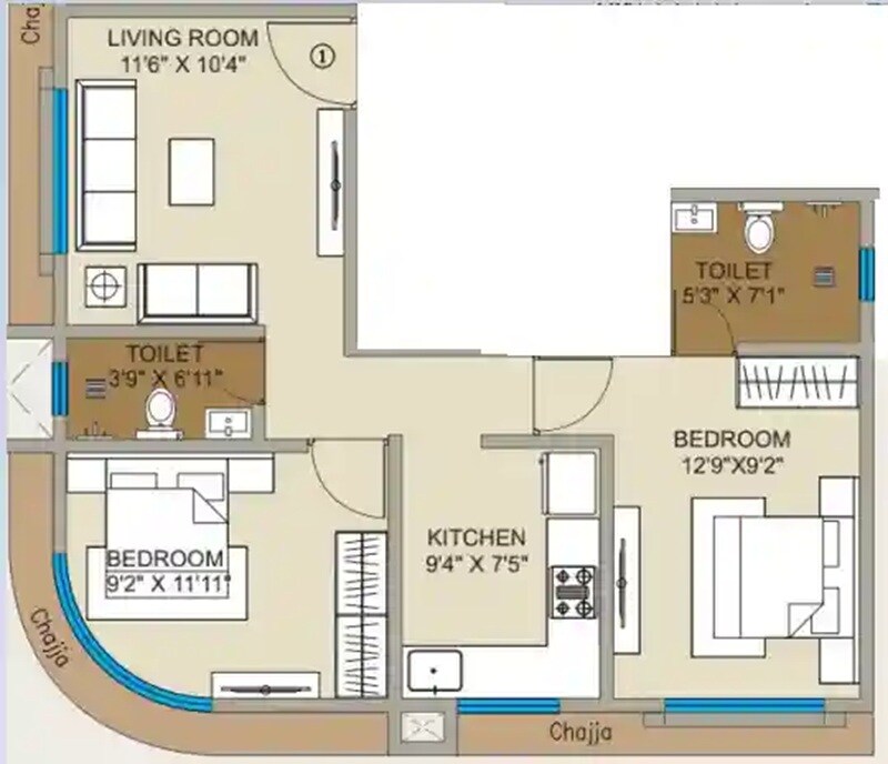 2 BHK 545 Sq. Ft. Apartment