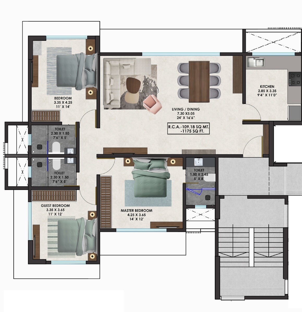 Floor plan of 3 BHK 1175 Sq. Ft. Apartment in Balan Anu Smera Skylight, Mumbai