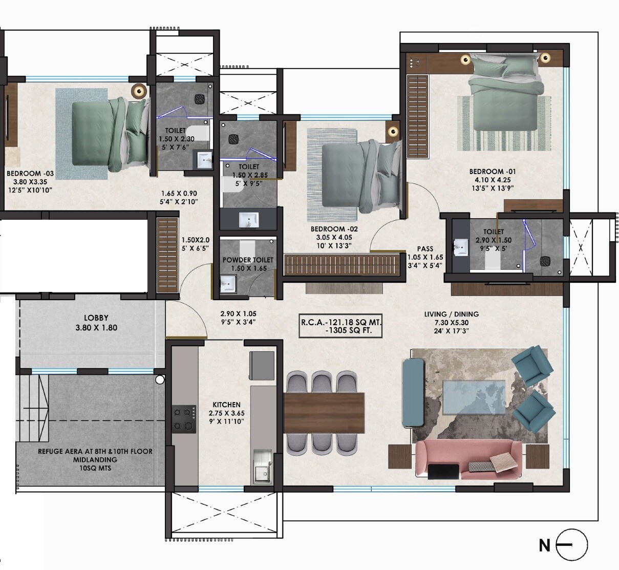 Floor plan of 3 BHK 1305 Sq. Ft. Apartment in Balan Anu Smera Skylight, Mumbai