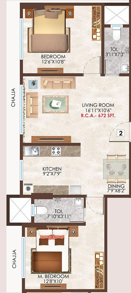 Floor plan of 2 BHK 672 Sq. Ft. Apartment in Bali Divine, Mumbai