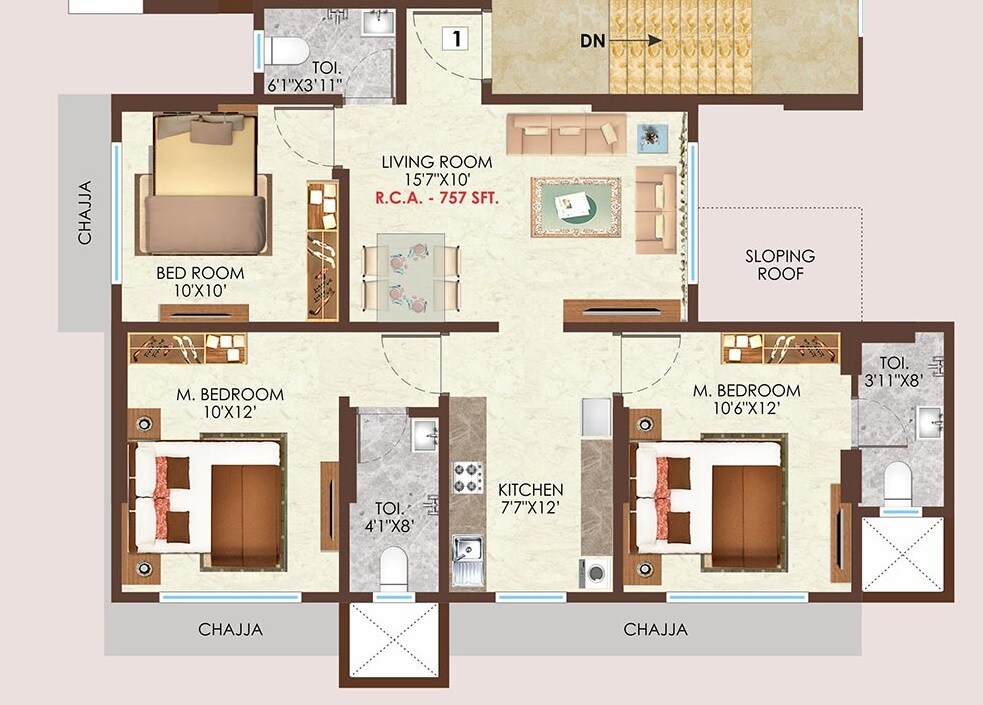 Floor plan of 3 BHK 757 Sq. Ft. Apartment in Bali Divine, Mumbai