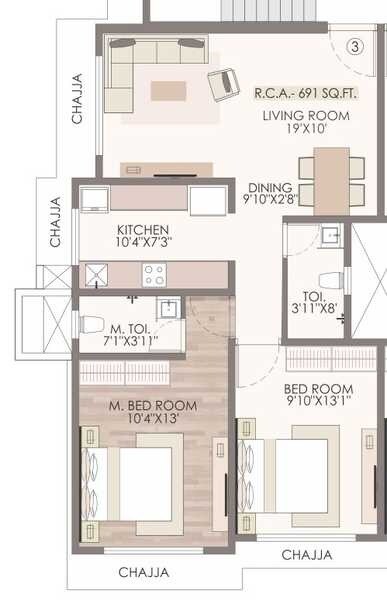 Floor plan of 2 BHK 645 Sq. Ft. Apartment in Bali Laxmi, Mumbai
