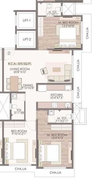 Floor plan of 3 BHK 870 Sq. Ft. Apartment in Bali Laxmi, Mumbai