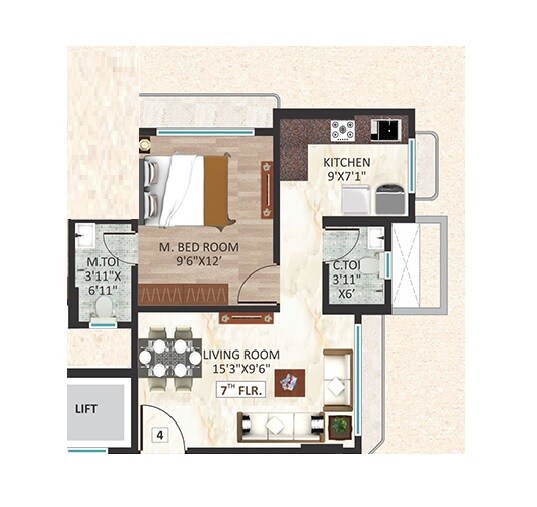 Floor plan of 1 BHK 412 Sq. Ft. Apartment in Bali Om Shubh Labh CHS, Mumbai