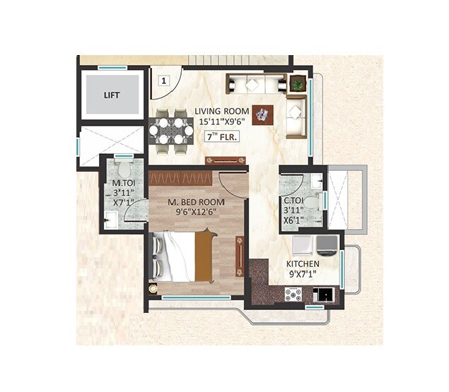 Floor plan of 1 BHK 428 Sq. Ft. Apartment in Bali Om Shubh Labh CHS, Mumbai