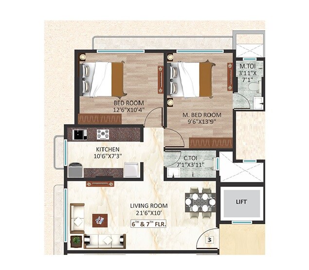 Floor plan of 2 BHK 626 Sq. Ft. Apartment in Bali Om Shubh Labh CHS, Mumbai
