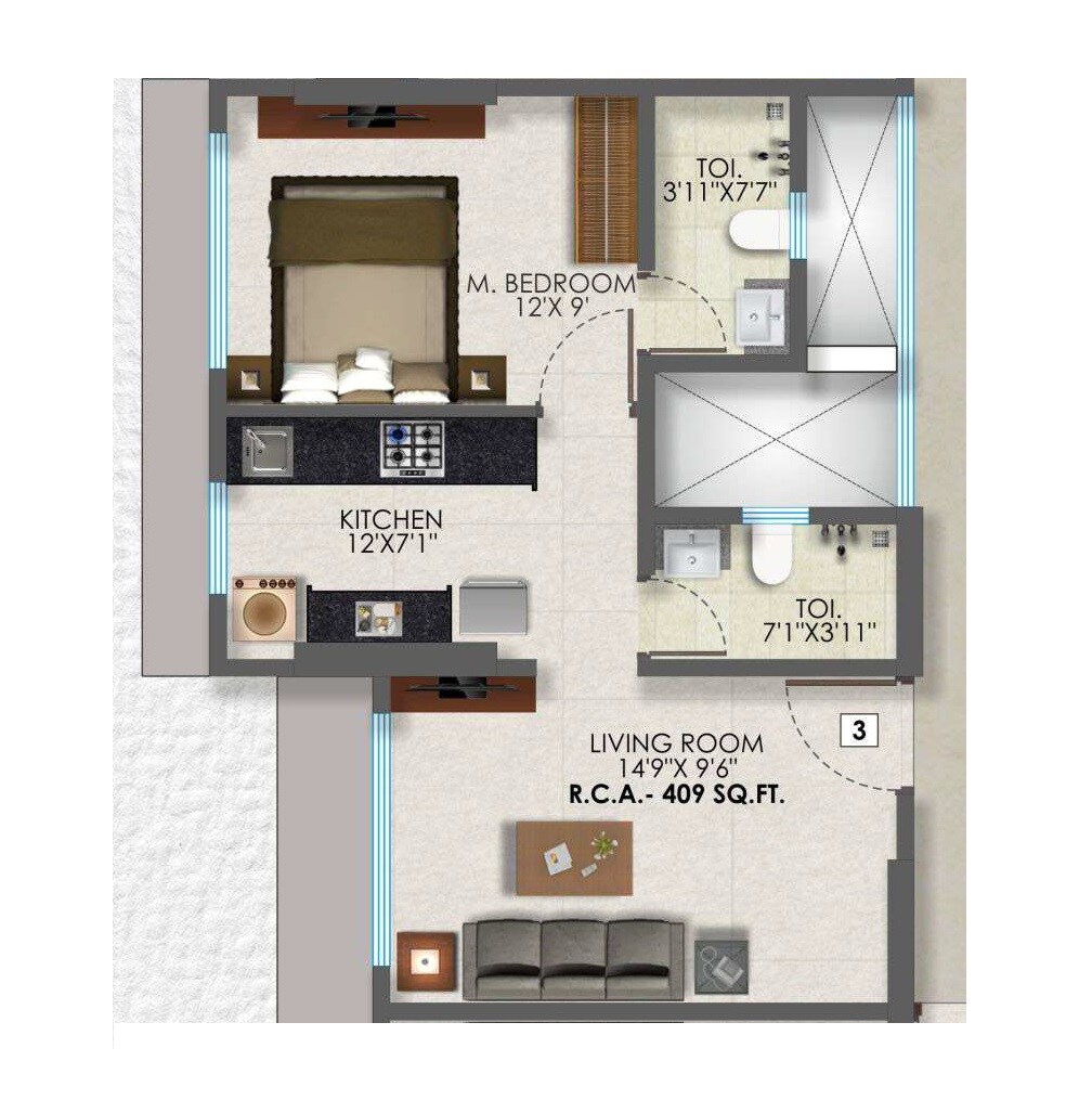 Floor plan of 1 BHK 409 Sq. Ft. Apartment in Bali Serenity, Mumbai