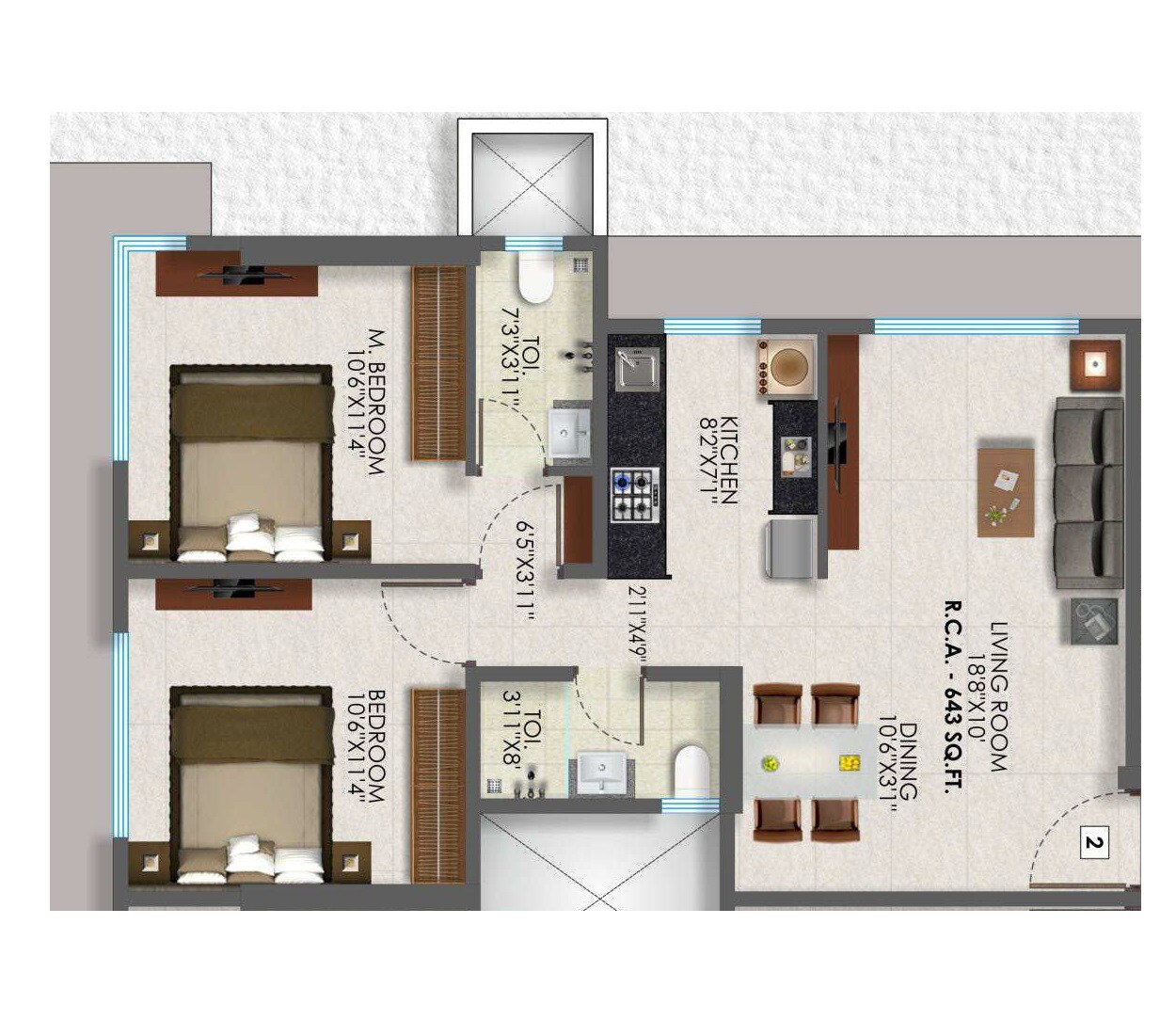 Floor plan of 2 BHK 643 Sq. Ft. Apartment in Bali Serenity, Mumbai