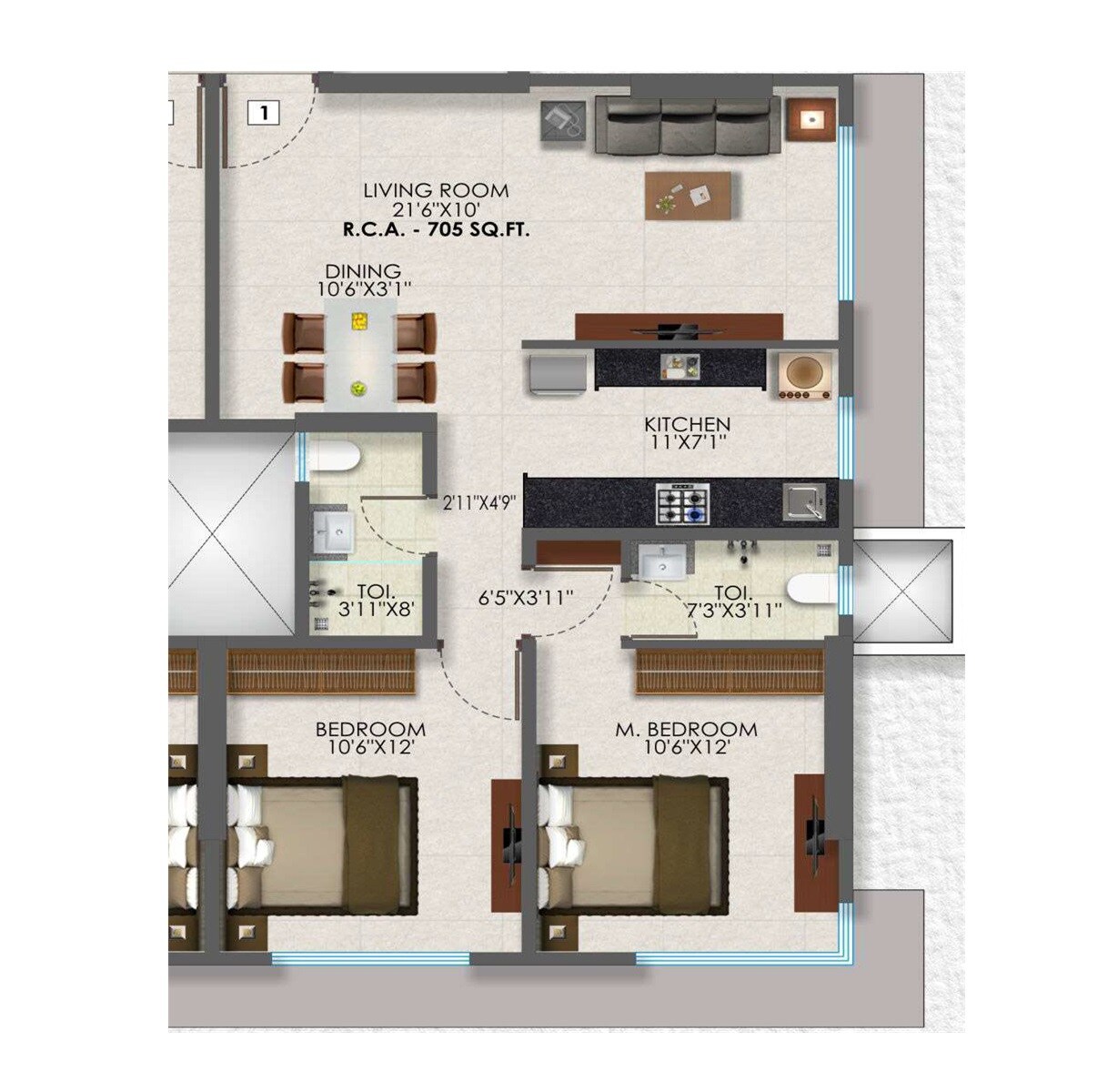 Floor plan of 2 BHK 705 Sq. Ft. Apartment in Bali Serenity, Mumbai