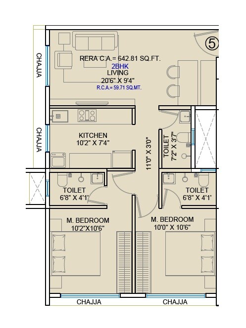 Floor plan of 2 BHK 643 Sq. Ft. Apartment in Baluwala Aviara, Mumbai