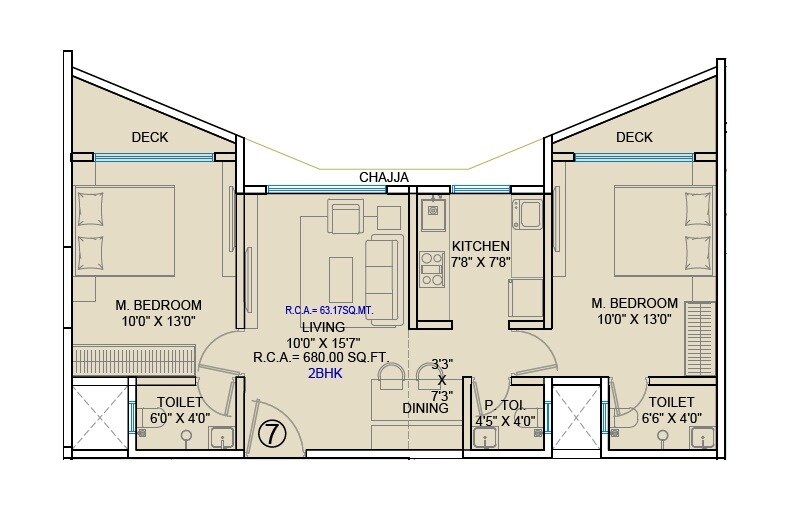 Floor plan of 2 BHK 680 Sq. Ft. Apartment in Baluwala Aviara, Mumbai