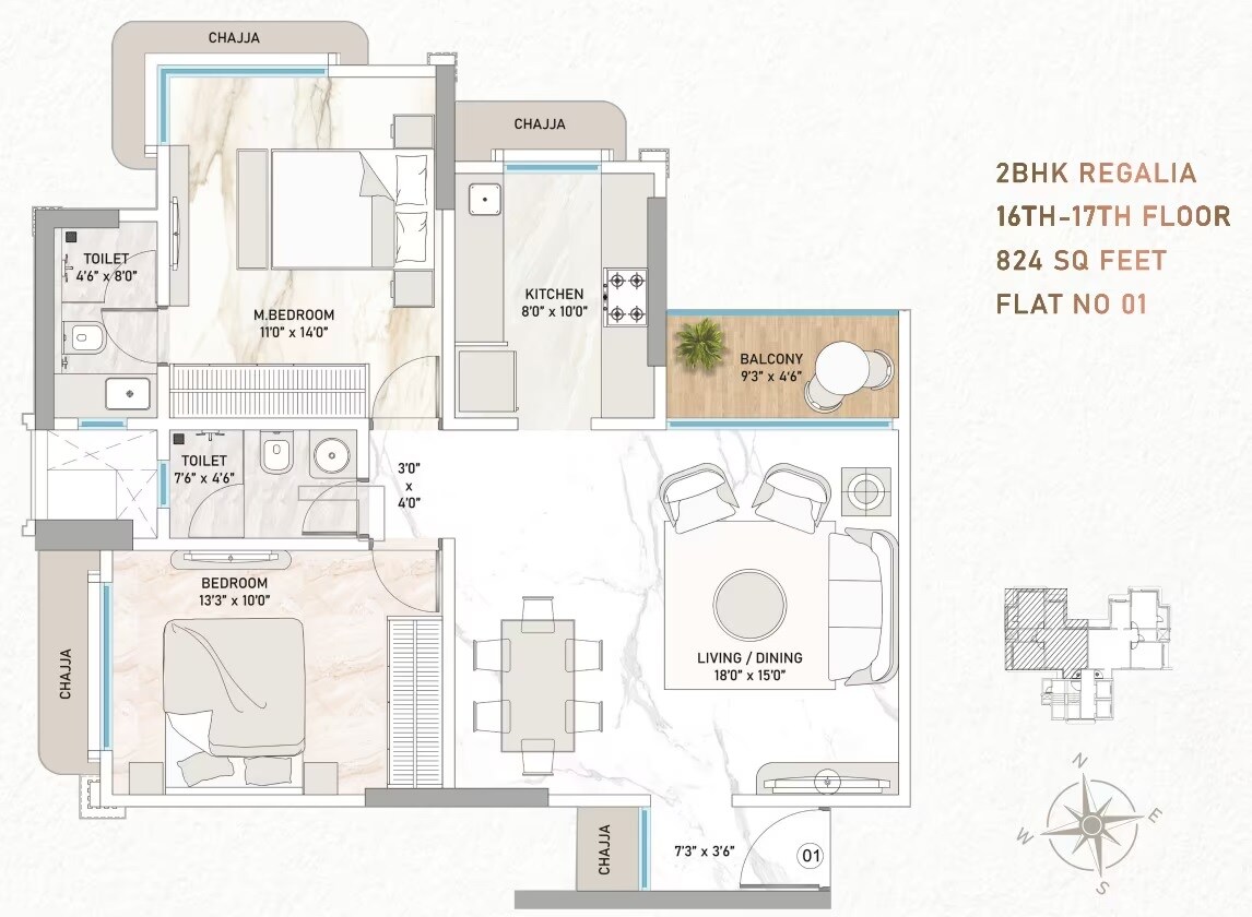 Floor plan of 2 BHK 824 Sq. Ft. Apartment in Baysquare The IVY, Mumbai